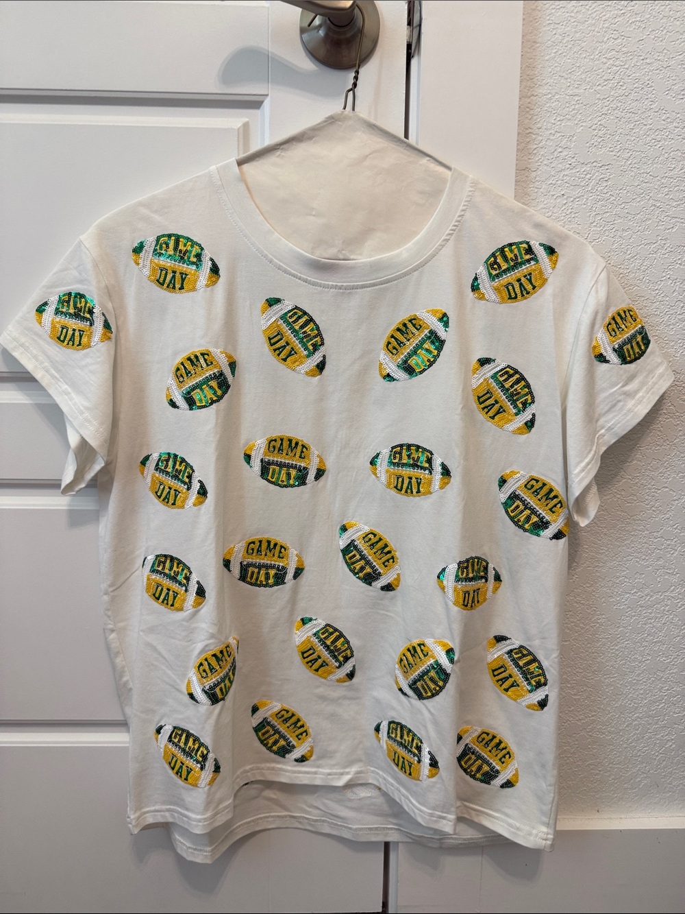QUEEN OF SPARKLES White Tee with Green and Yellow 'Game Day' Football Motif